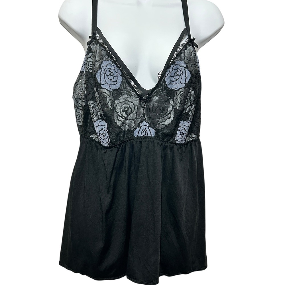 Cacique Women Babydoll 18/20 Black Floral Lace Sheer Romantic Lingerie Sleepwear